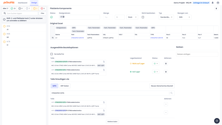 pcbwhiz Plattform zeigt KI-gestützte Stücklistenanalyse, alternative MPN-Vorschläge und Unterstützung für PCB- und PCBA-Prototypen sowie Fertigung.